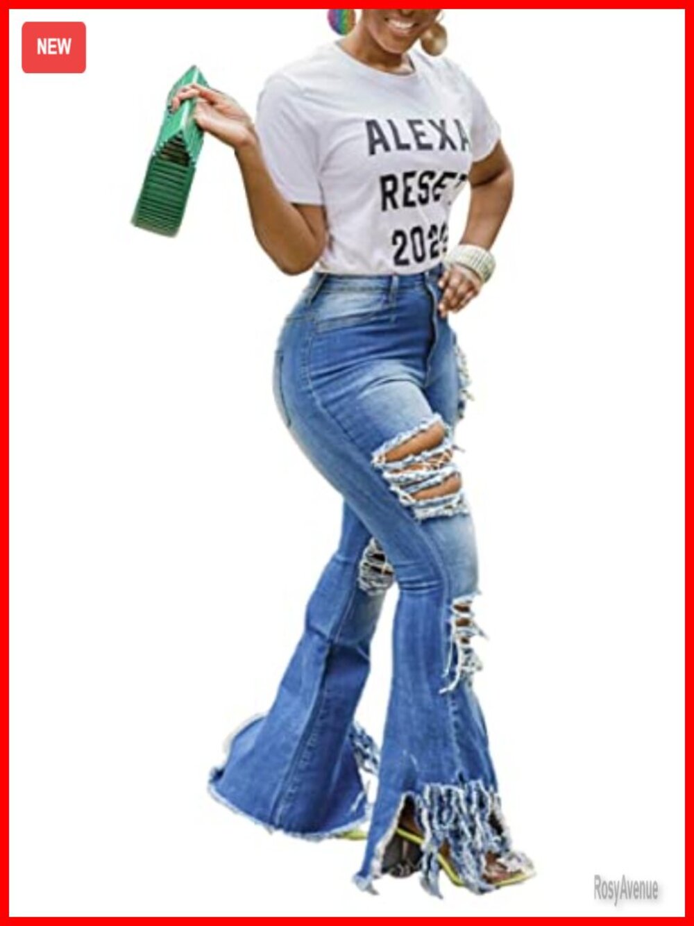 Women's High Rise Skinny Ripped Flared Bell Bottom Jeans - Picture 5 of 6